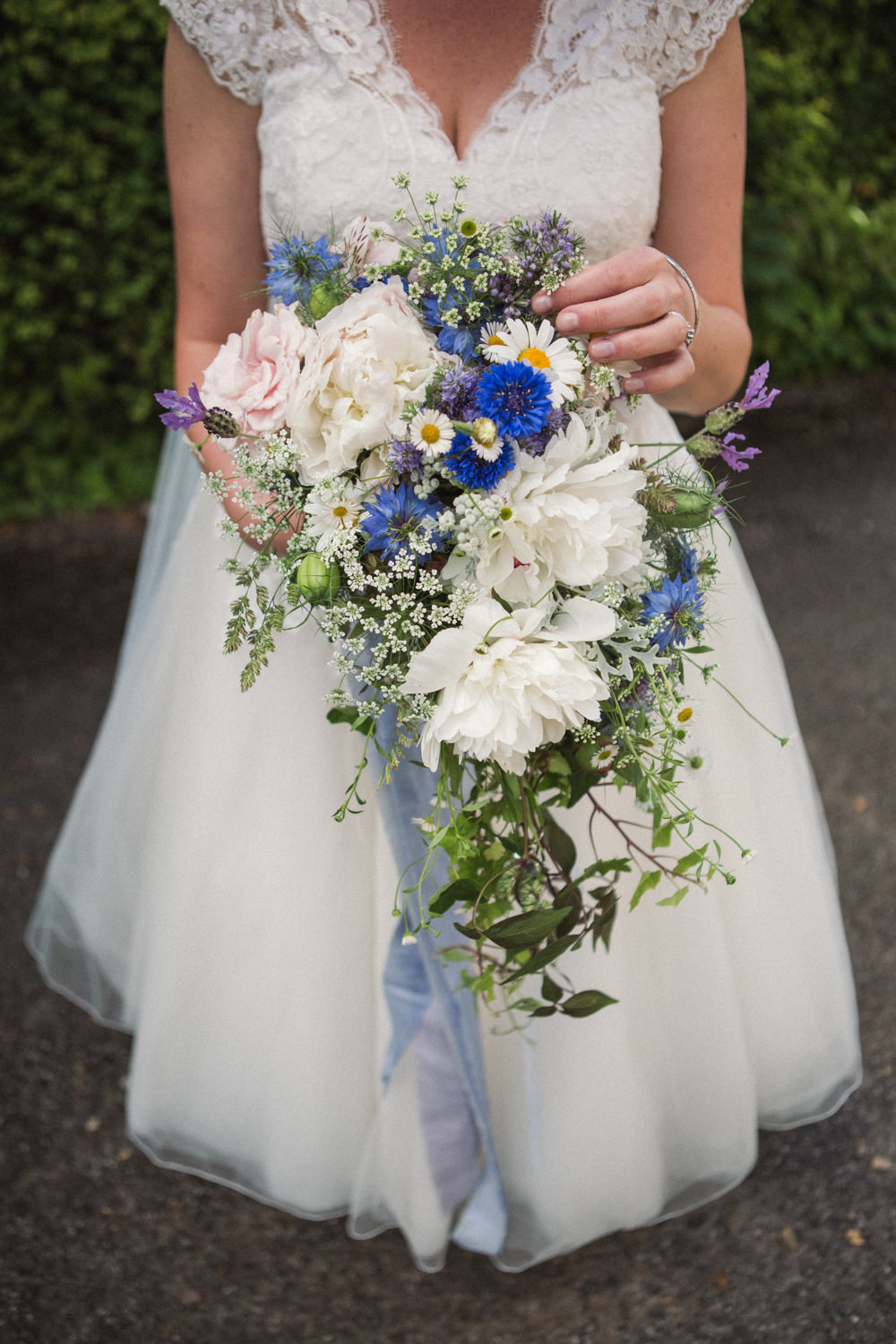 Bride Bridal Cascading Bouquet Daisy Peony Middle Coombe Farm Wedding Emma Stoner Photo
