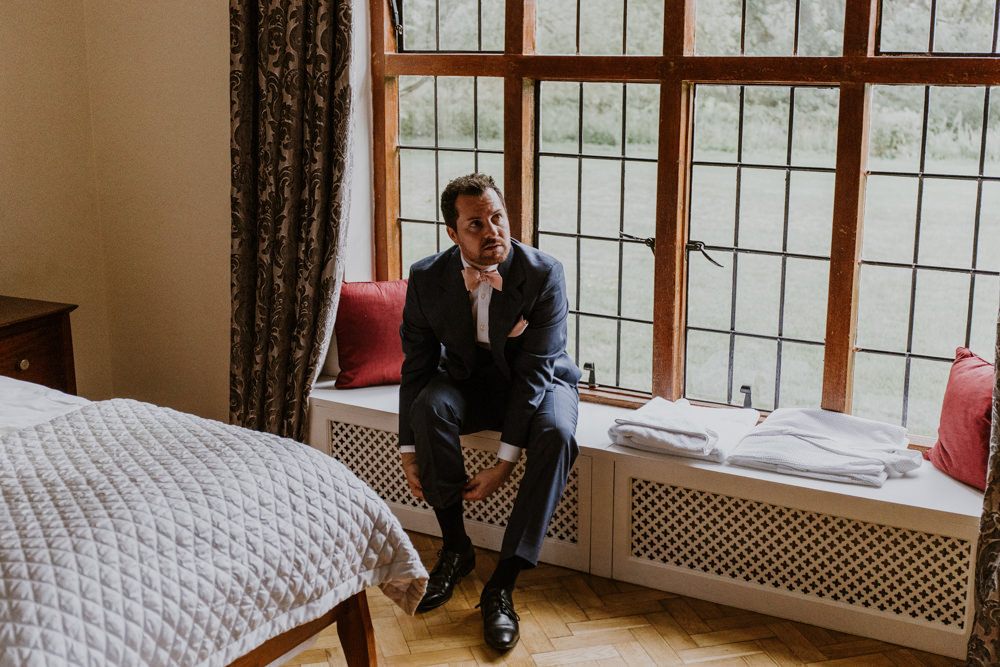 Blue Suit Groom Pink Bow Tie Notley Abbey Wedding Alexandra Jane Photography