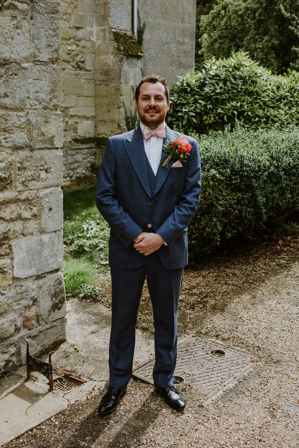 Blue Suit Groom Pink Bow Tie Notley Abbey Wedding Alexandra Jane Photography