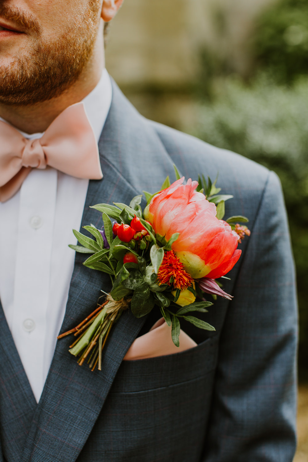 Blue Suit Groom Pink Bow Tie Large Buttonhole Flower Peony Peonies Notley Abbey Wedding Alexandra Jane Photography