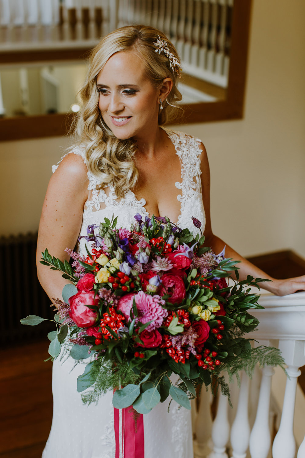 Bouquet Flowers Bride Bridal Pink Red Purple Greenery Foliage Peony Rose Ribbons Notley Abbey Wedding Alexandra Jane Photography