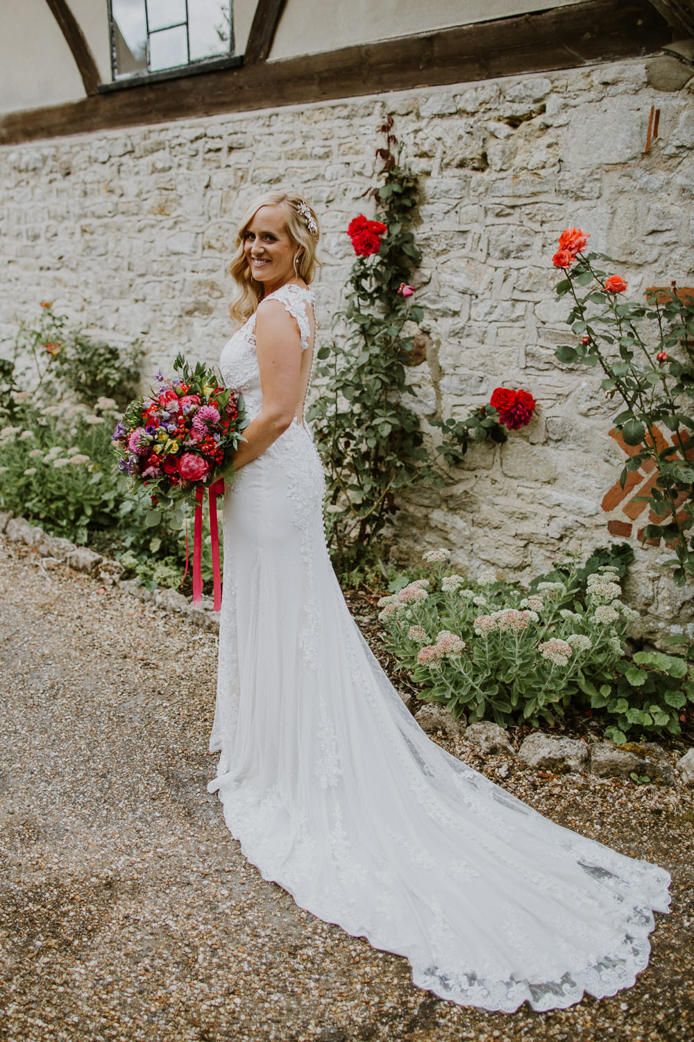 Bride Bridal Dress Gown Illusion Lace Button Back by Justin Alexander Train Notley Abbey Wedding Alexandra Jane Photography
