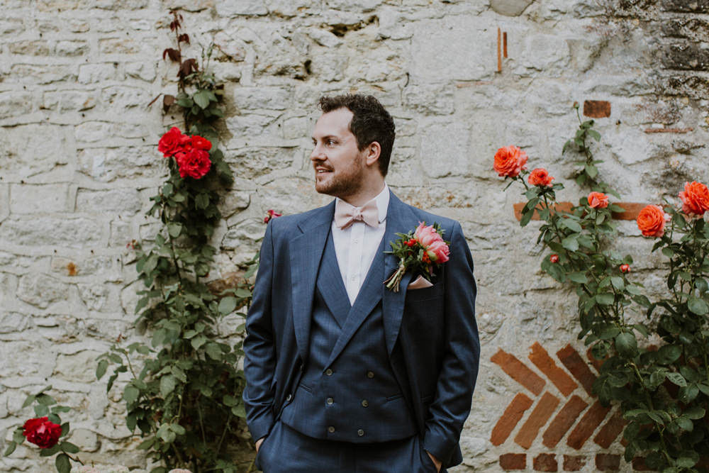 Blue Suit Groom Pink Bow Tie Notley Abbey Wedding Alexandra Jane Photography