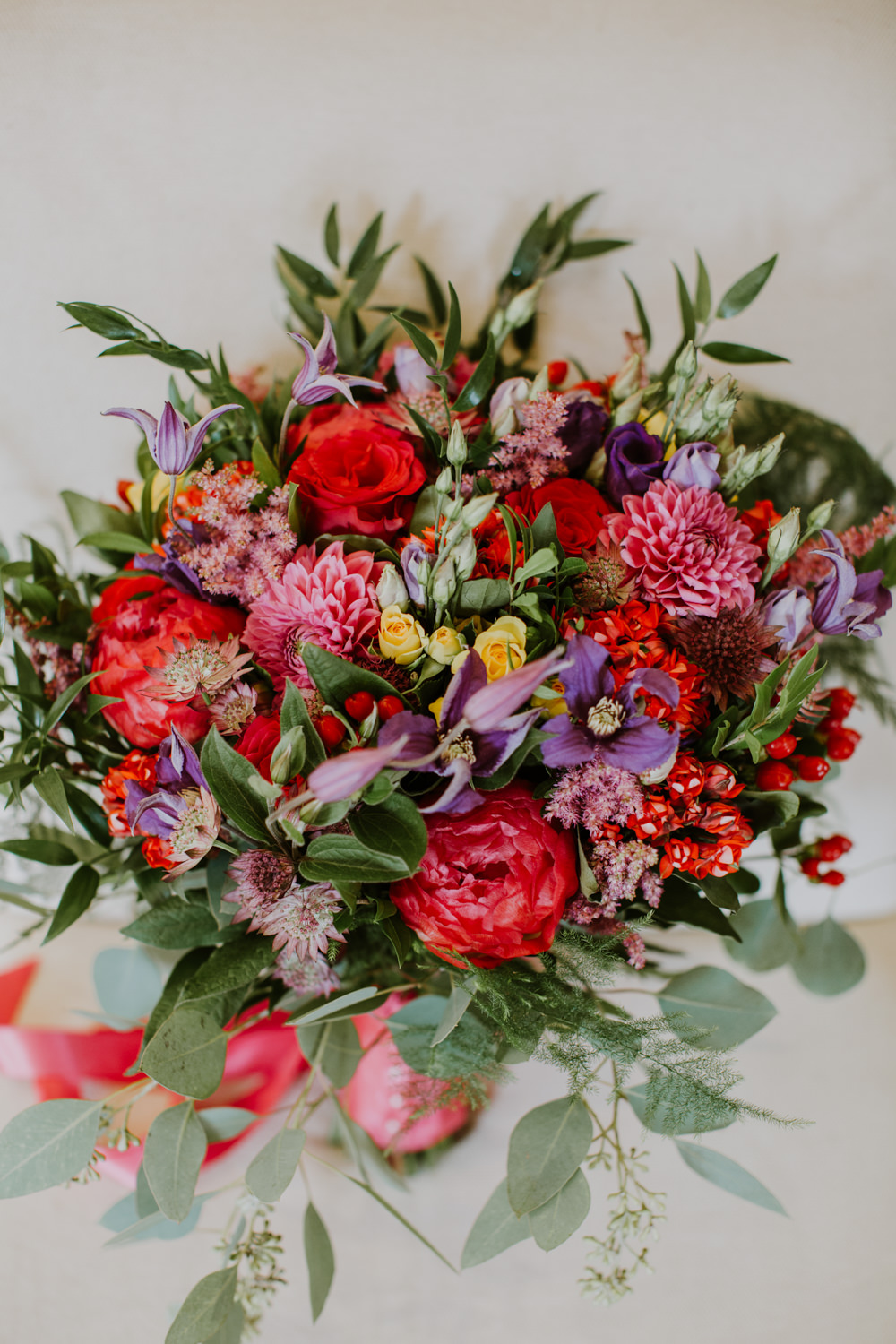 Bouquet Flowers Bride Bridal Pink Red Purple Greenery Foliage Peony Rose Notley Abbey Wedding Alexandra Jane Photography