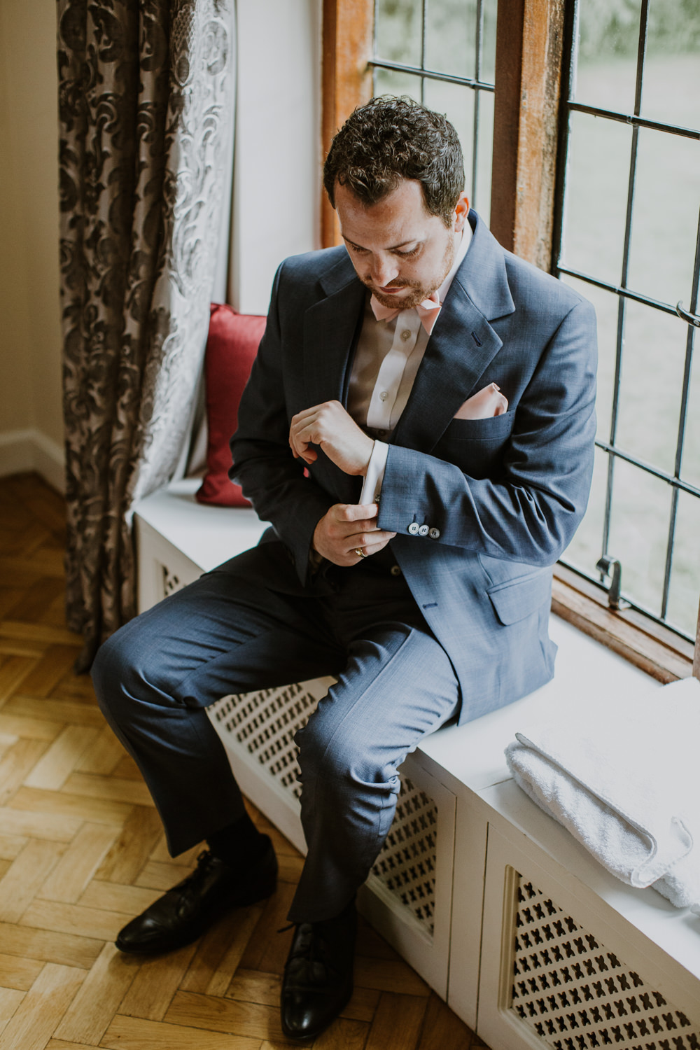 Blue Suit Groom Pink Bow Tie Notley Abbey Wedding Alexandra Jane Photography