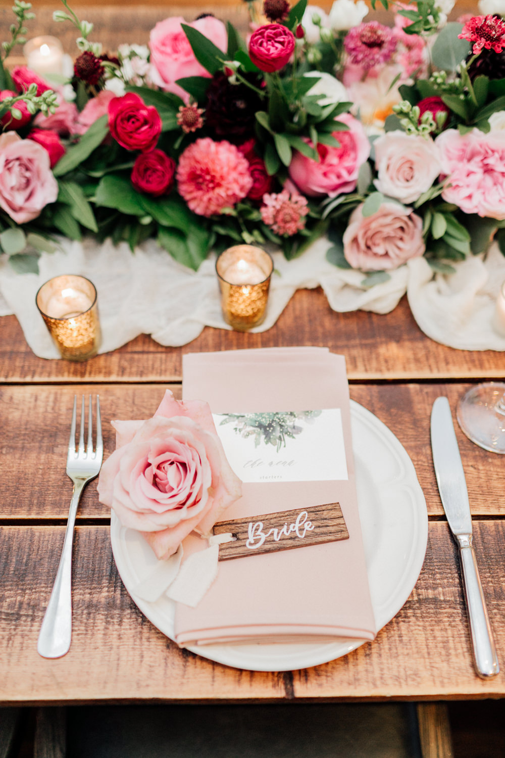 Place Setting Name Tag Calligraphy Flowers Pink Romantic Soft Elopement Wedding Las Vegas Kristen Joy Photography