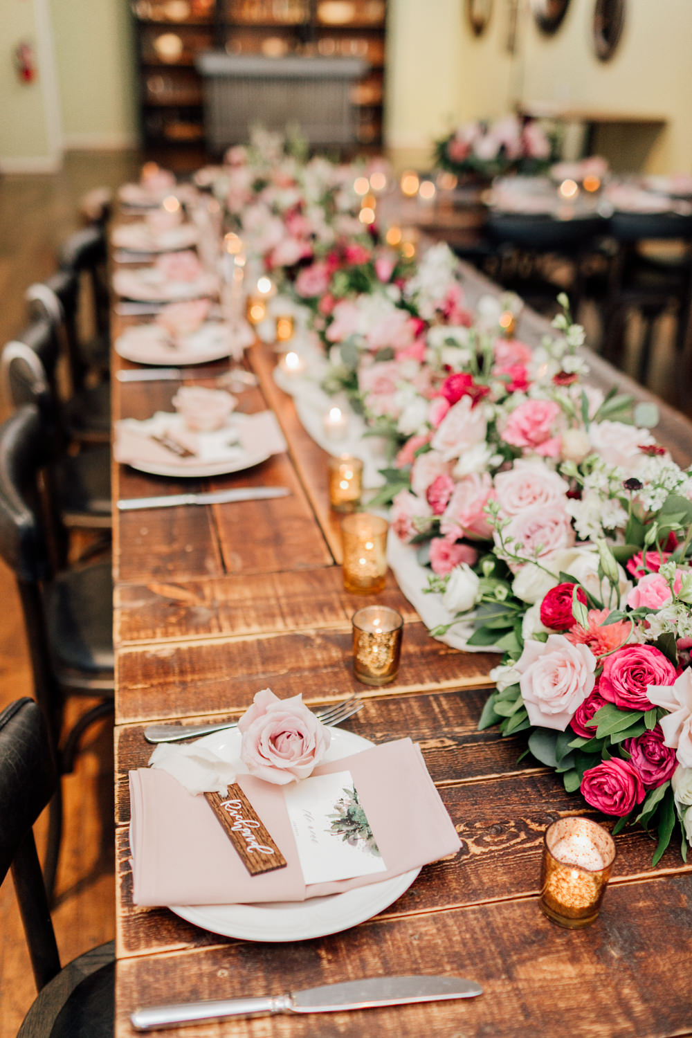 Table Tablescape Decor Flowers Swag Runner Garland Red Pink Rose Dahlia Centrepiece Romantic Soft Elopement Wedding Las Vegas Kristen Joy Photography