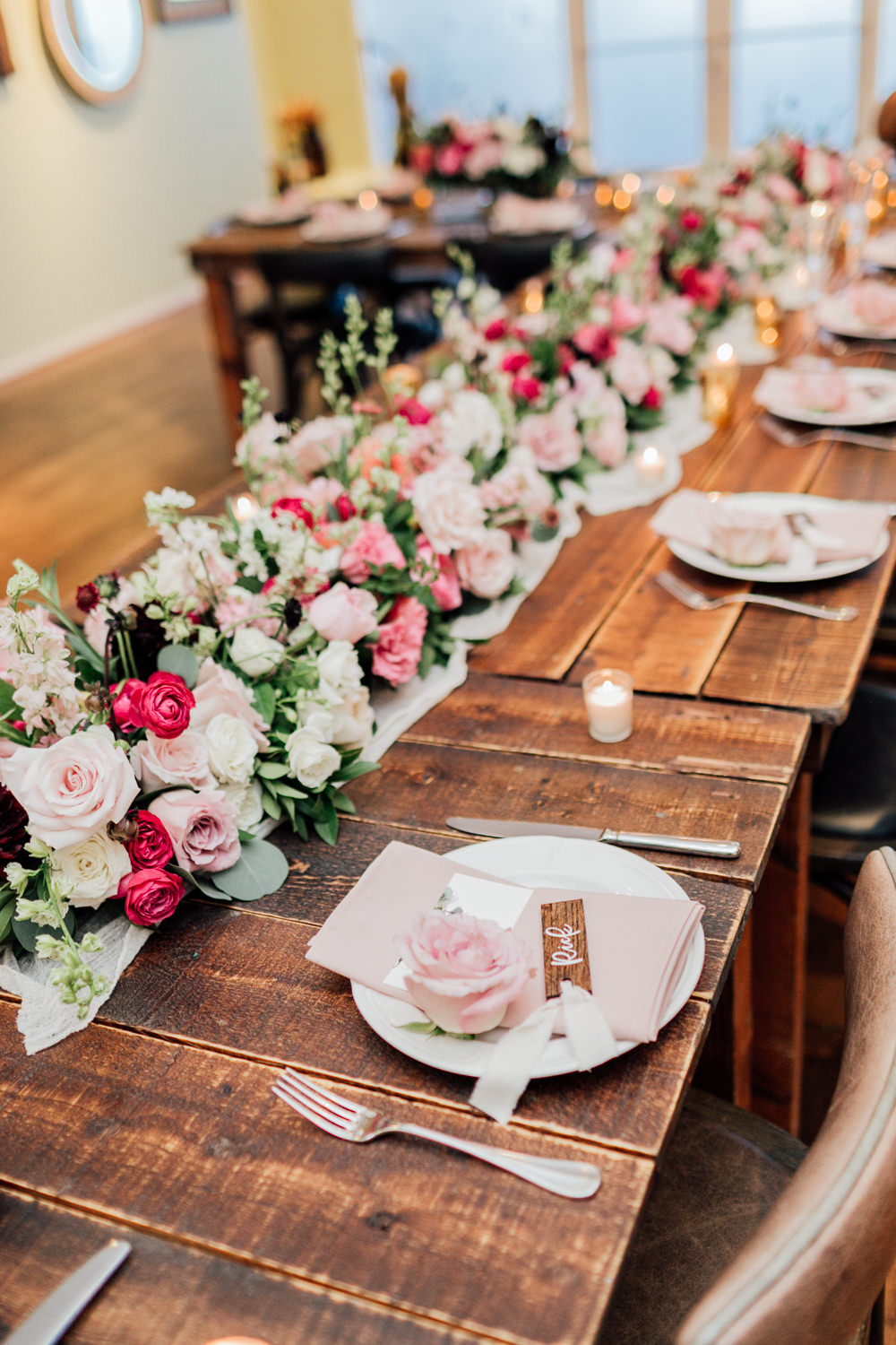 Table Tablescape Decor Flowers Swag Runner Garland Red Pink Rose Dahlia Centrepiece Romantic Soft Elopement Wedding Las Vegas Kristen Joy Photography