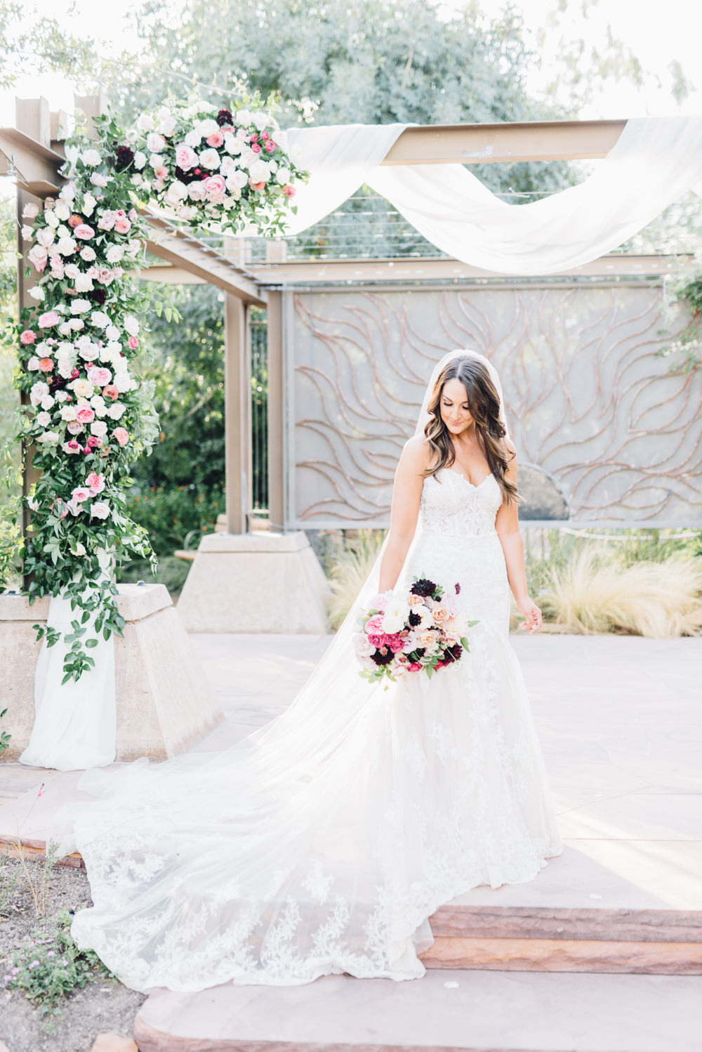 Bride Bridal Dress Gown Train Veil Lace Strapless Sweetheart Romantic Soft Elopement Wedding Las Vegas Kristen Joy Photography