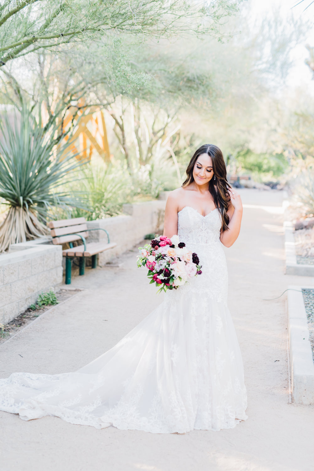 Bride Bridal Dress Gown Train Veil Lace Strapless Sweetheart Romantic Soft Elopement Wedding Las Vegas Kristen Joy Photography