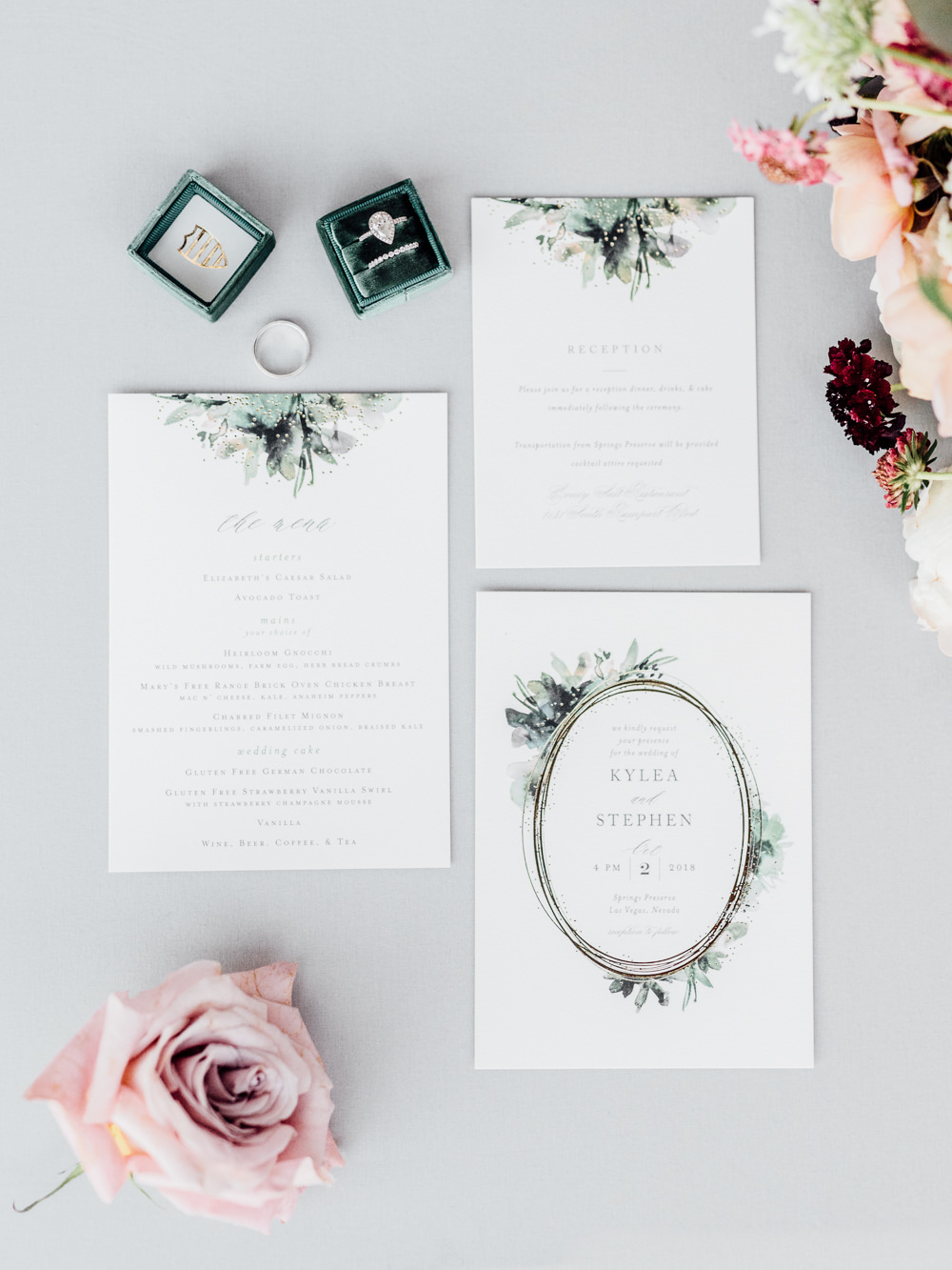 Botanical Greenery Stationery Invitations Flat Lay Romantic Soft Elopement Wedding Las Vegas Kristen Joy Photography
