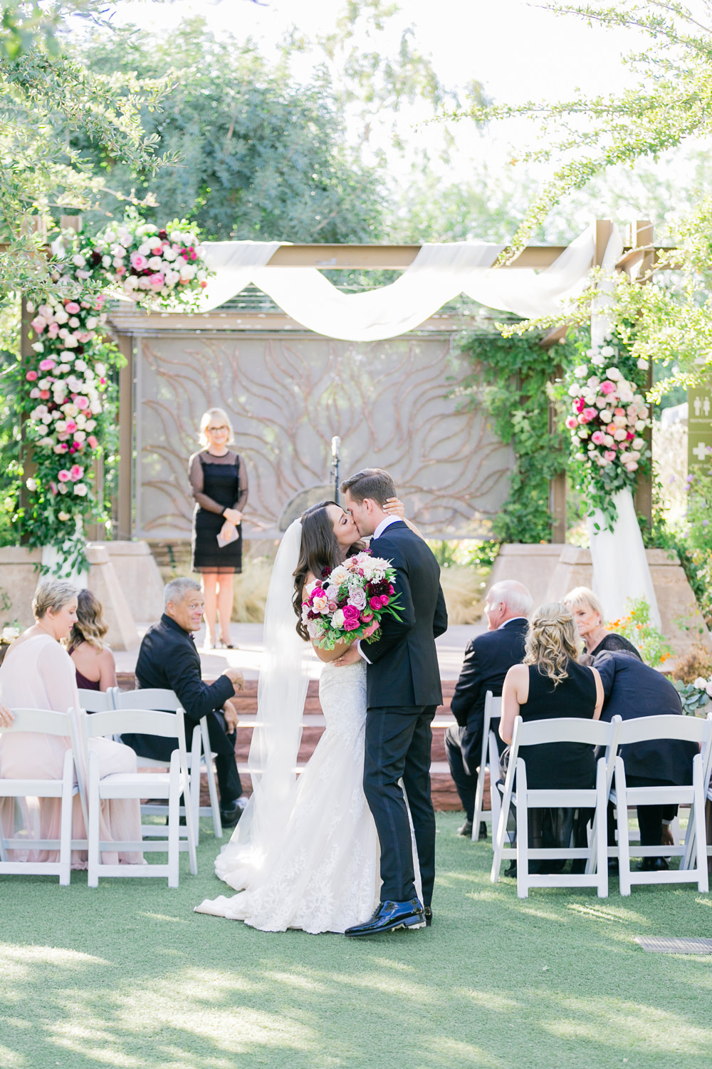 Outdoor Ceremony Wooden Backdrop Arch Drapes Fabric Pink Flowers Romantic Soft Elopement Wedding Las Vegas Kristen Joy Photography