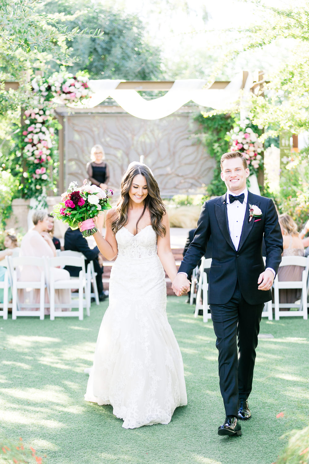 Outdoor Ceremony Wooden Backdrop Arch Drapes Fabric Pink Flowers Romantic Soft Elopement Wedding Las Vegas Kristen Joy Photography