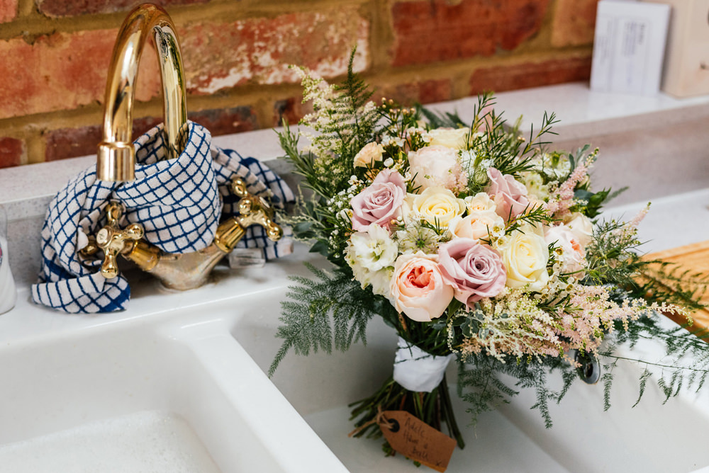 Bride Bridal Bouquet Pink Peach Yellow Rose Fern Secret Garden Wymington Wedding Aaron Collett Photography