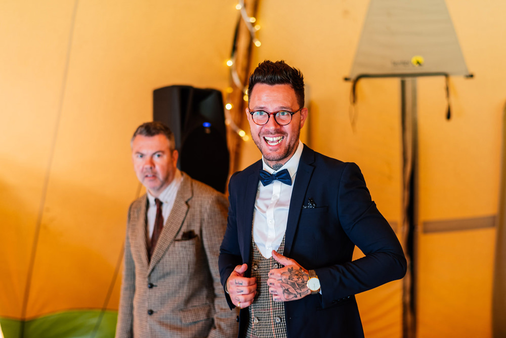 Three Piece Suit Groom Waistcoat Bow Tie Houndstooth Tweed Secret Garden Wymington Wedding Aaron Collett Photography