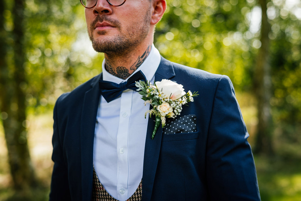 Groom Three Piece Suit Waistcoat Bow Tie Polka Dot Pocket Square Secret Garden Wymington Wedding Aaron Collett Photography