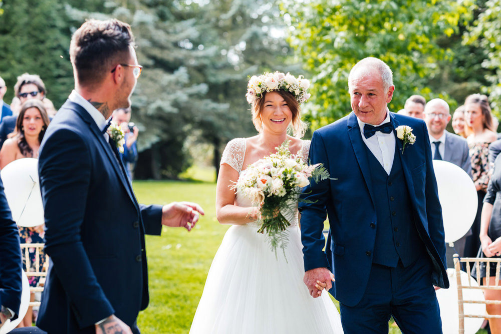 Bride Bridal Cap Sleeve Sweetheart Neckline Oversized Flower Crown Three Piece Waistcoat Groom Secret Garden Wymington Wedding Aaron Collett Photography