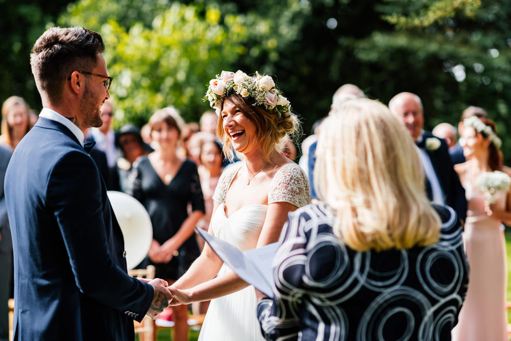 Bride Bridal Cap Sleeve Sweetheart Neckline Oversized Flower Crown Three Piece Waistcoat Groom Secret Garden Wymington Wedding Aaron Collett Photography