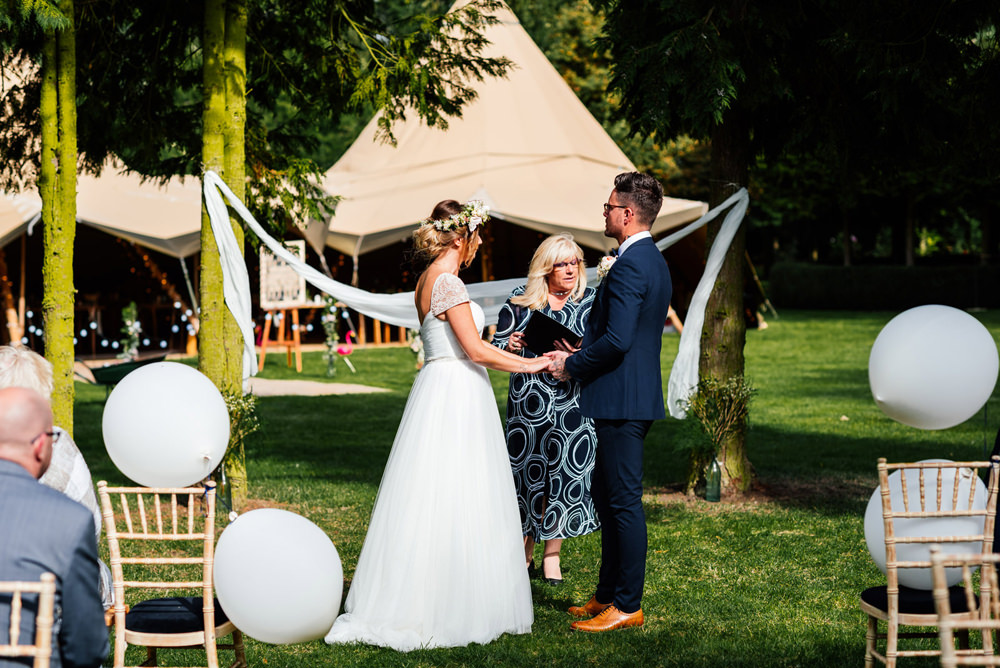 Bride Bridal Cap Sleeve Sweetheart Neckline Oversized Flower Crown Three Piece Waistcoat Groom Outdoor Ceremony Secret Garden Wymington Wedding Aaron Collett Photography