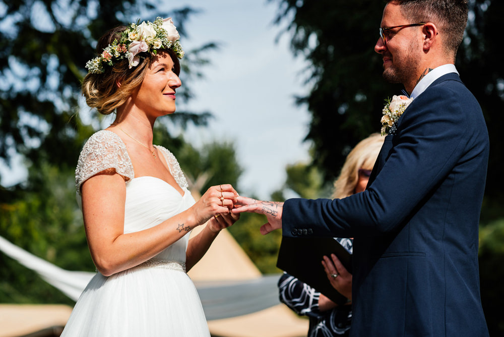 Bride Bridal Cap Sleeve Sweetheart Neckline Oversized Flower Crown Three Piece Waistcoat Groom Secret Garden Wymington Wedding Aaron Collett Photography