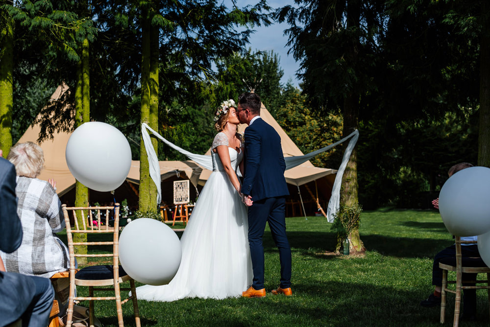 Bride Bridal Cap Sleeve Sweetheart Neckline Oversized Flower Crown Three Piece Waistcoat Groom Oversized Giant Balloon Secret Garden Wymington Wedding Aaron Collett Photography