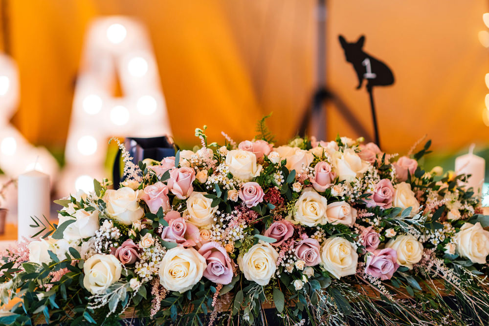 Top Table Floral Flowers Runner Pink Ivory Cream Rose Foliage Secret Garden Wymington Wedding Aaron Collett Photography