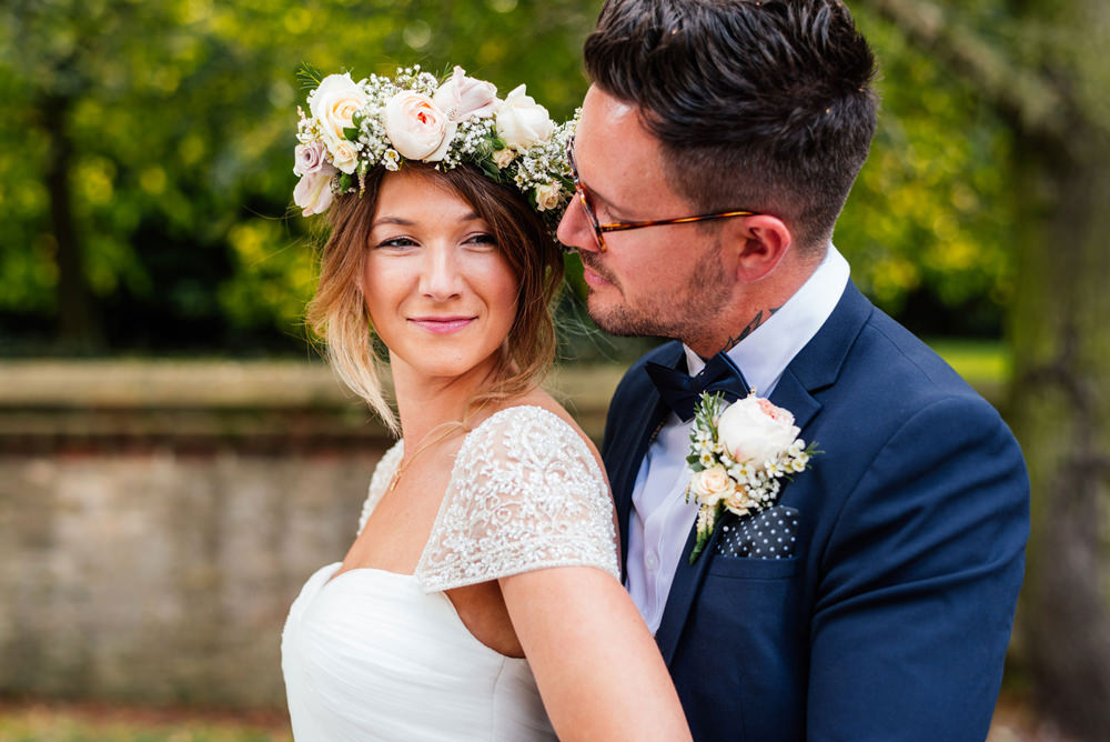Bride Bridal Cap Sleeve Sweetheart Neckline Oversized Flower Crown Three Piece Waistcoat Groom Bow Tie Pocket Square Secret Garden Wymington Wedding Aaron Collett Photography