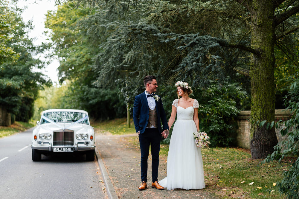 Bride Bridal Cap Sleeve Sweetheart Neckline Oversized Flower Crown Three Piece Waistcoat Groom Bow Tie Secret Garden Wymington Wedding Aaron Collett Photography