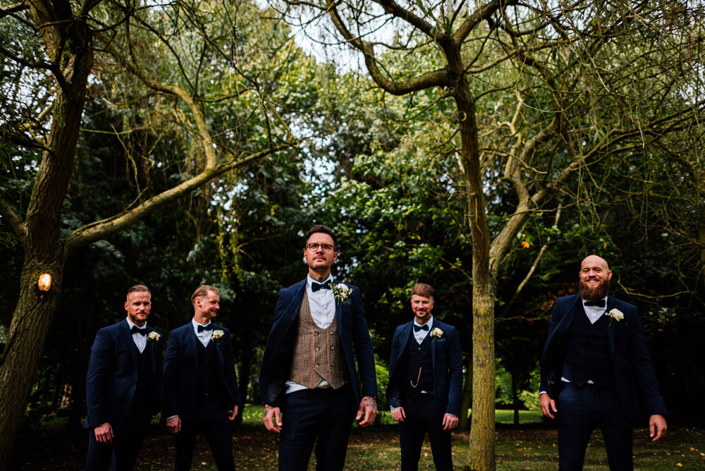 Groom Groomsmen Three Piece Suit Houndstooth Waistcoat Bow Tie Secret Garden Wymington Wedding Aaron Collett Photography