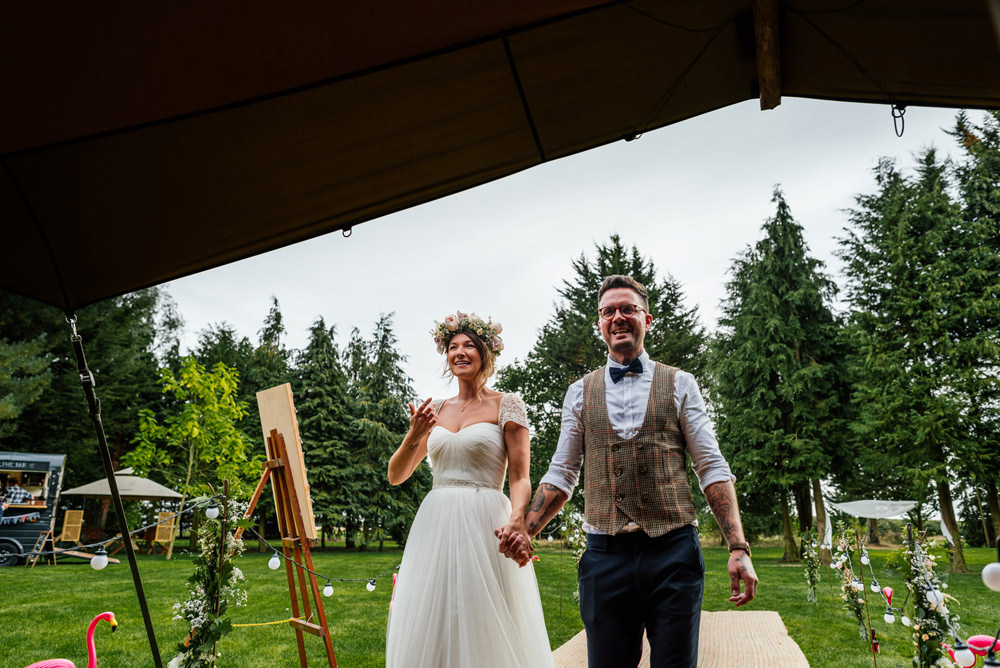 Bride Bridal Cap Sleeve Sweetheart Neckline Oversized Flower Crown Three Piece Waistcoat Groom Secret Garden Wymington Wedding Aaron Collett Photography