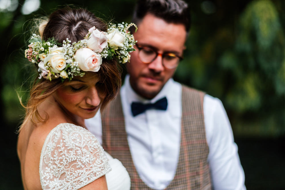Bride Bridal Cap Sleeve Sweetheart Neckline Oversized Flower Crown Three Piece Waistcoat Groom Secret Garden Wymington Wedding Aaron Collett Photography