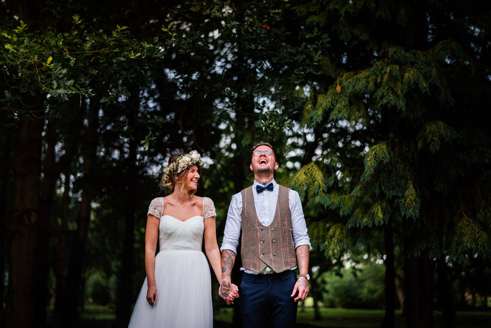 Bride Bridal Cap Sleeve Sweetheart Neckline Oversized Flower Crown Three Piece Waistcoat Groom Secret Garden Wymington Wedding Aaron Collett Photography