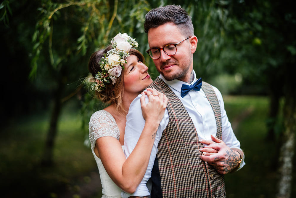 Bride Bridal Cap Sleeve Sweetheart Neckline Oversized Flower Crown Three Piece Waistcoat Groom Bow Tie Secret Garden Wymington Wedding Aaron Collett Photography