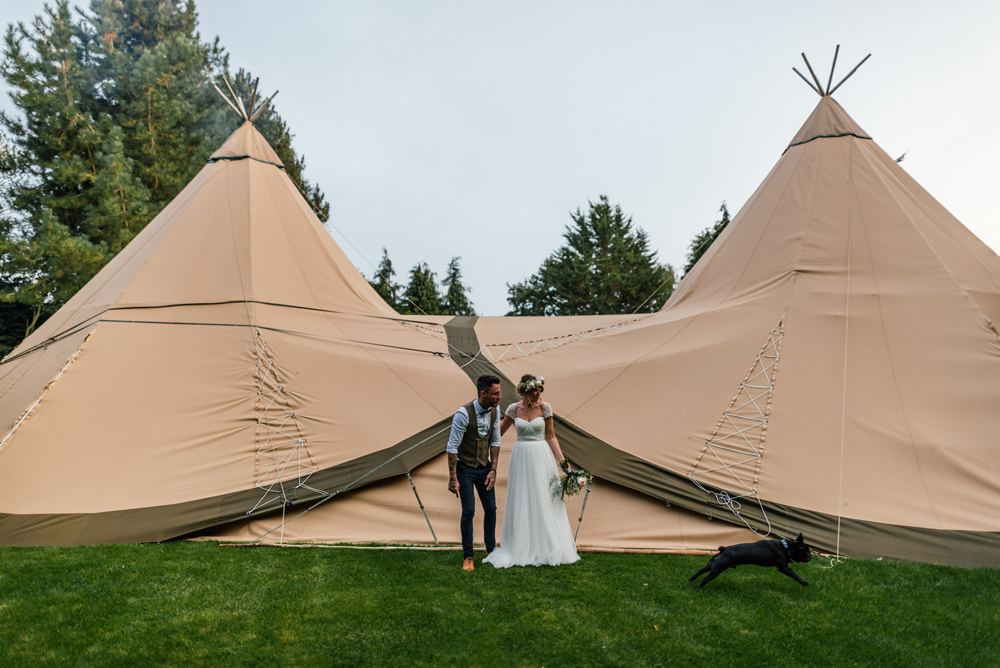 Bride Bridal Cap Sleeve Sweetheart Neckline Oversized Flower Crown Three Piece Waistcoat Groom Tipi Secret Garden Wymington Wedding Aaron Collett Photography