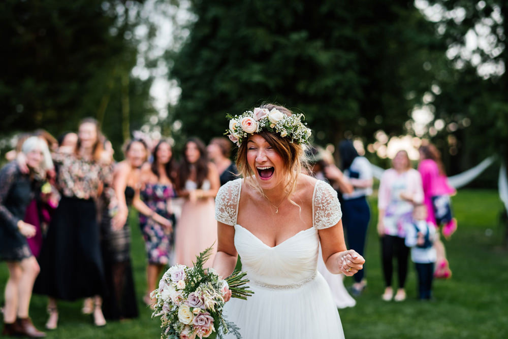 Bride Bridal Cap Sleeve Sweetheart Neckline Oversized Flower Crown Secret Garden Wymington Wedding Aaron Collett Photography