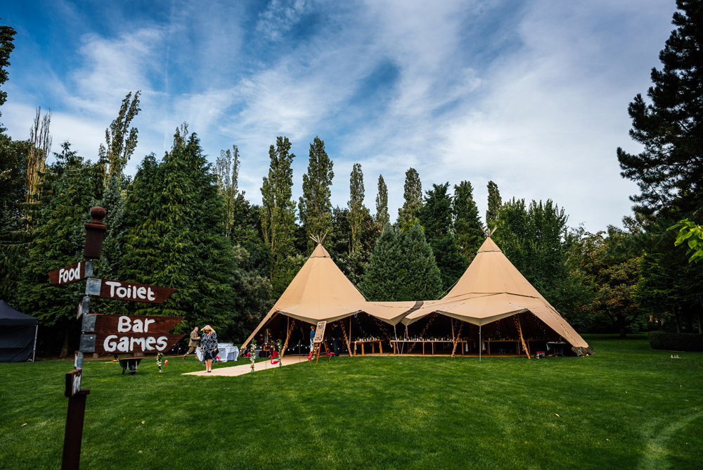 Tipi Wooden Signpost Secret Garden Wymington Wedding Aaron Collett Photography