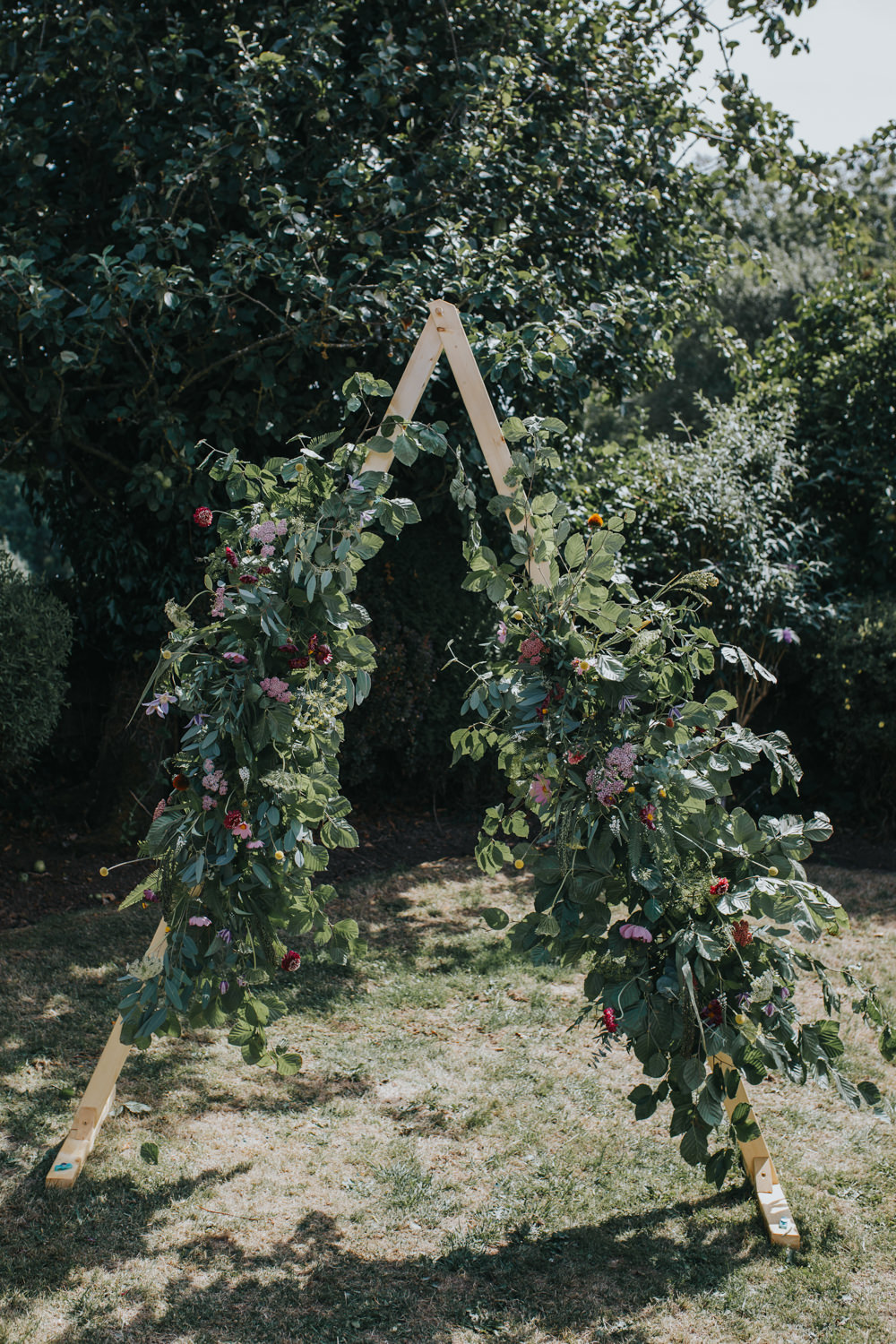 Backdrop Ceremony Arch Wooden Triangle Greenery Foliage Shiningford Manor Wedding Magda K Photography