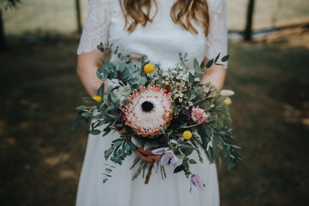 Bouquet Flowers Bride Bridal Greenery Foliage Protea Ribbon Billy Ball Shiningford Manor Wedding Magda K Photography