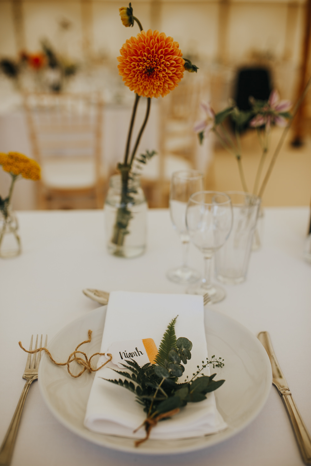 Place Setting Name Tag Greenery Fern Bottle Flowers Shiningford Manor Wedding Magda K Photography