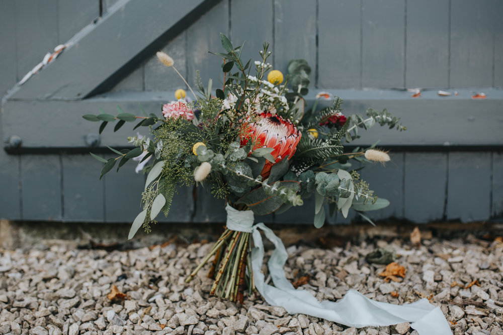 Bouquet Flowers Bride Bridal Greenery Foliage Protea Ribbon Shiningford Manor Wedding Magda K Photography