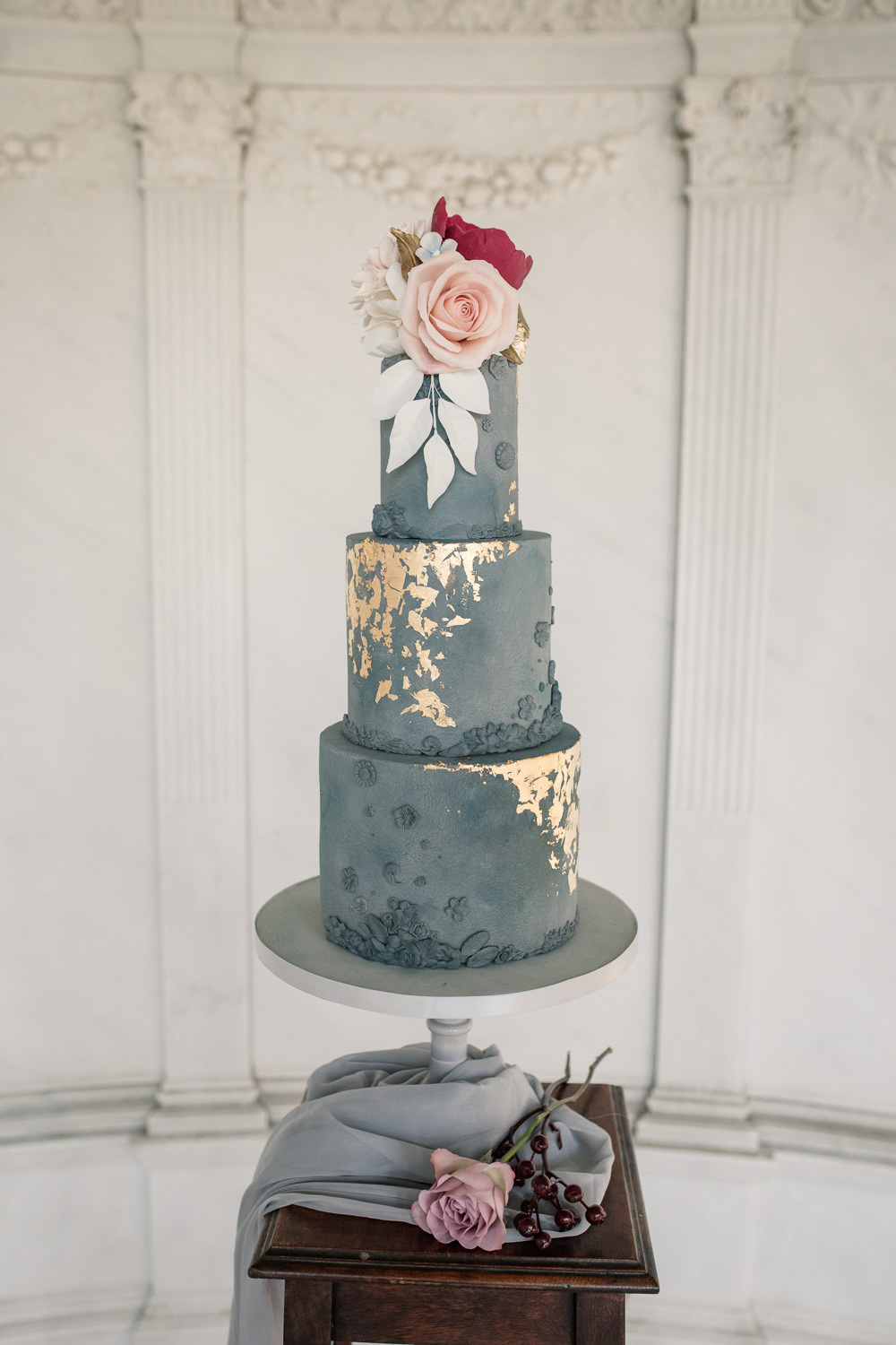 Blue Cake Tall Floral Gold Grey Stone Silk Table Winter Luxe Wedding Ideas Becky Harley Photography
