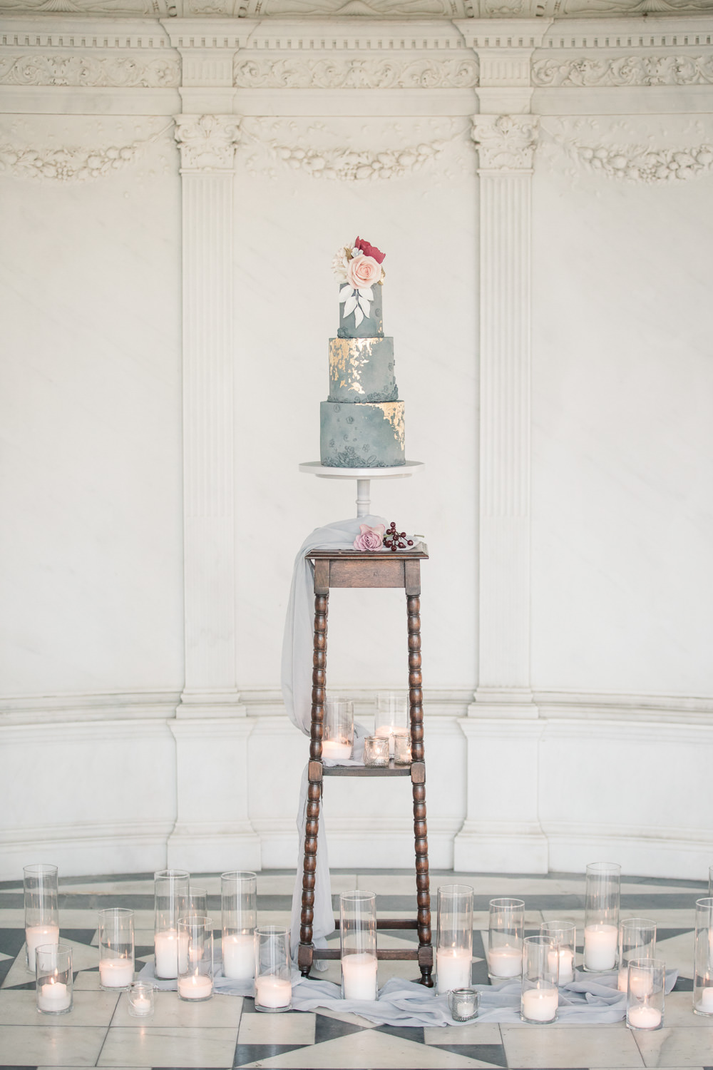 Blue Cake Tall Floral Gold Grey Stone Silk Table Table Candles Winter Luxe Wedding Ideas Becky Harley Photography