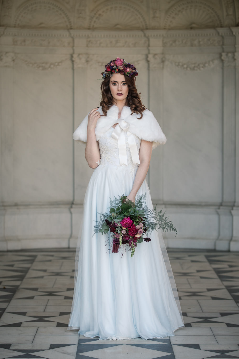 Dress Gown Bride Bridal Blue Silk Chiffon Tulle Skirt Lace Fur Bolero Winter Luxe Wedding Ideas Becky Harley Photography