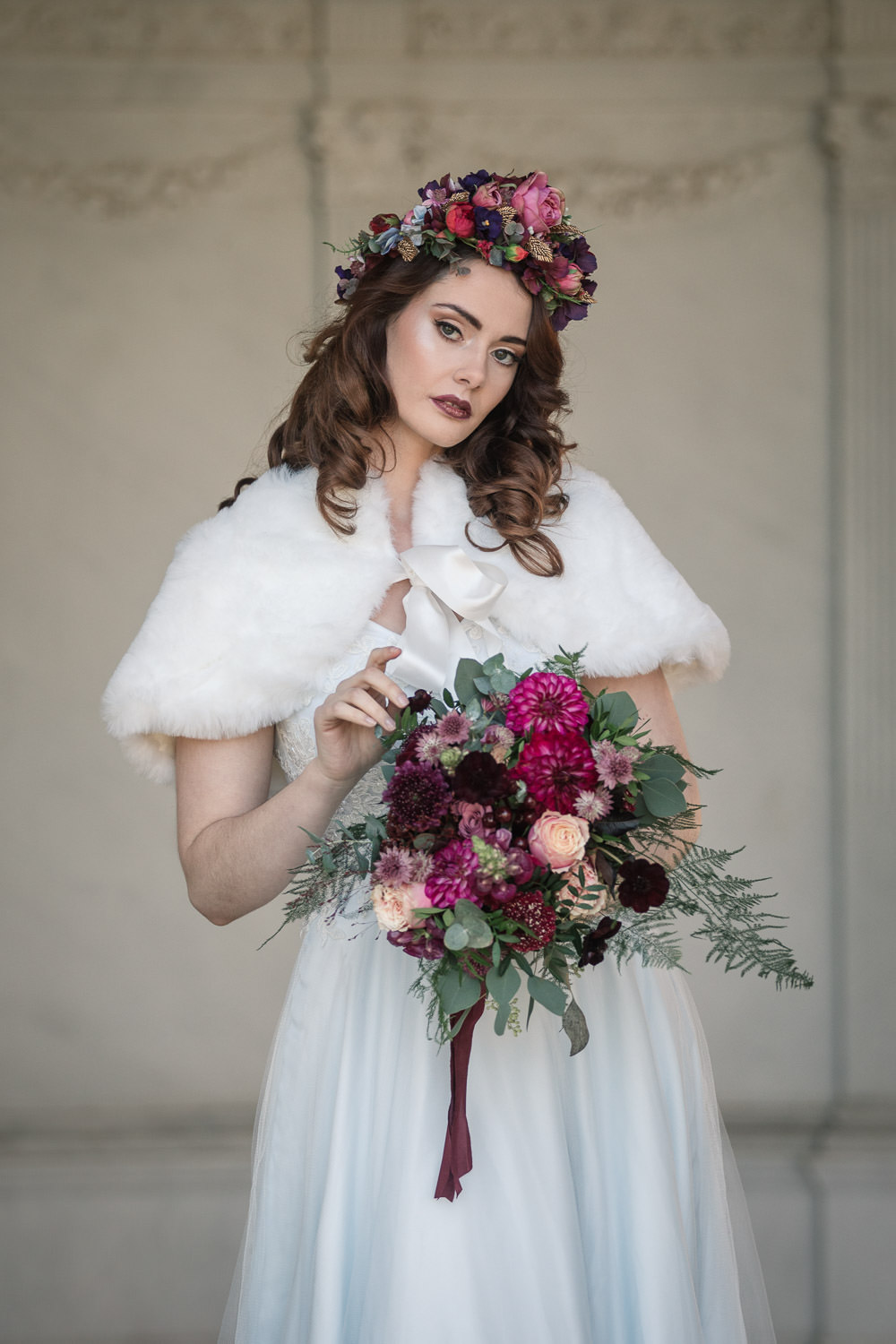 Bouquet Flowers Bride Bridal Red Pink Burgundy Green Greenery Foliage Berry Rose Ribbon Winter Luxe Wedding Ideas Becky Harley Photography