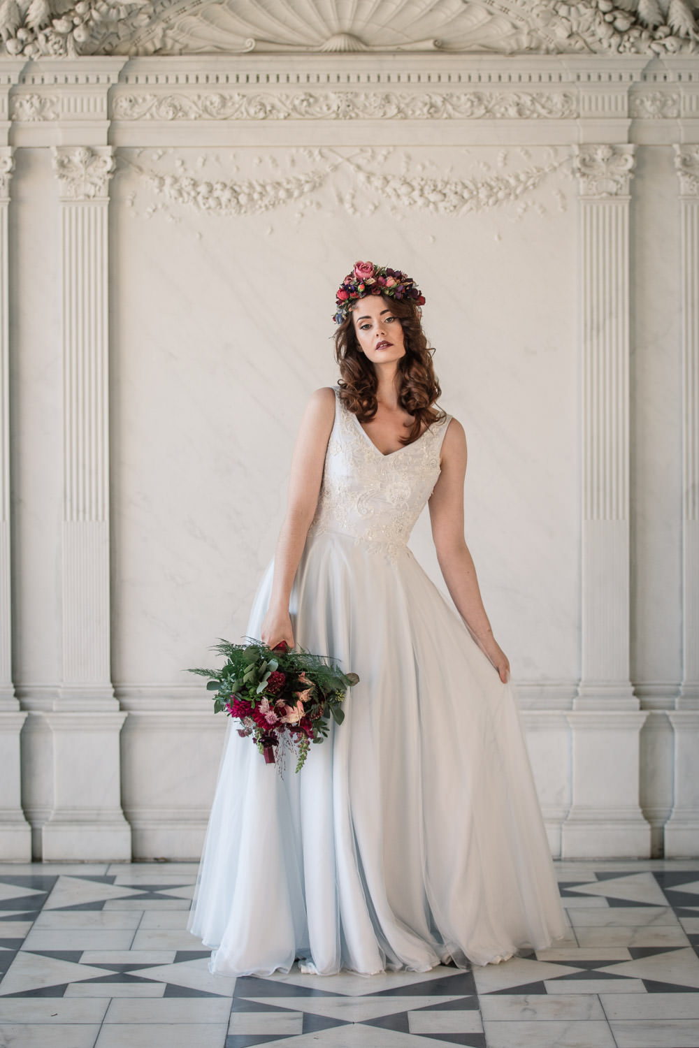 Dress Gown Bride Bridal Blue Silk Chiffon Tulle Skirt Lace Winter Luxe Wedding Ideas Becky Harley Photography