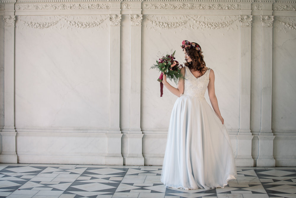 Dress Gown Bride Bridal Blue Silk Chiffon Tulle Skirt Lace Winter Luxe Wedding Ideas Becky Harley Photography