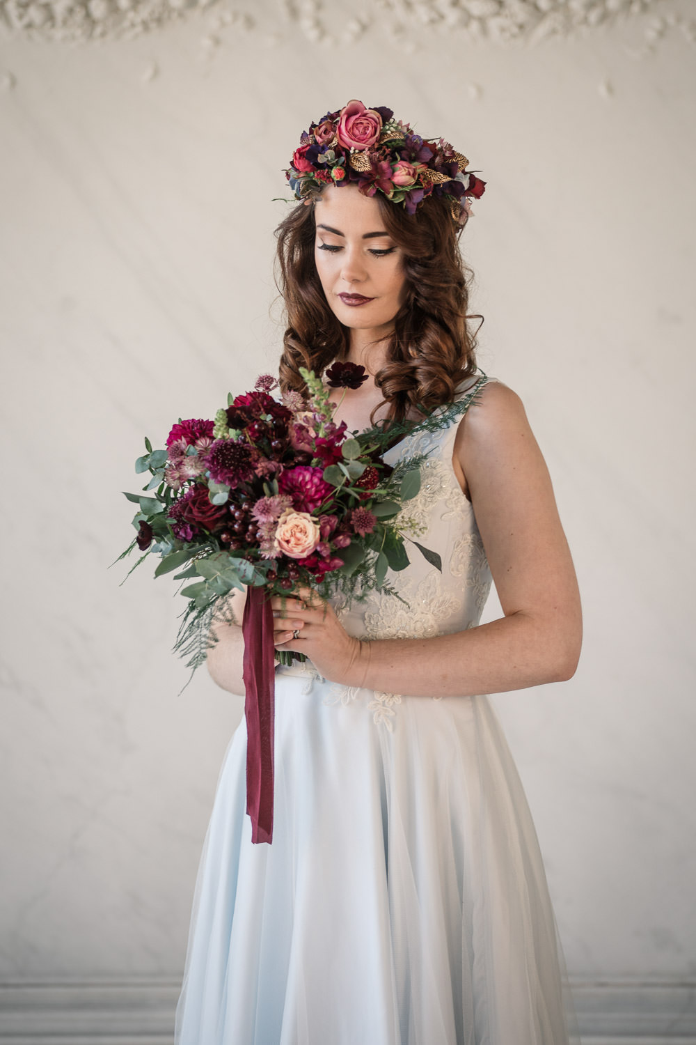 Bouquet Flowers Bride Bridal Red Pink Burgundy Green Greenery Foliage Berry Rose Ribbon Winter Luxe Wedding Ideas Becky Harley Photography