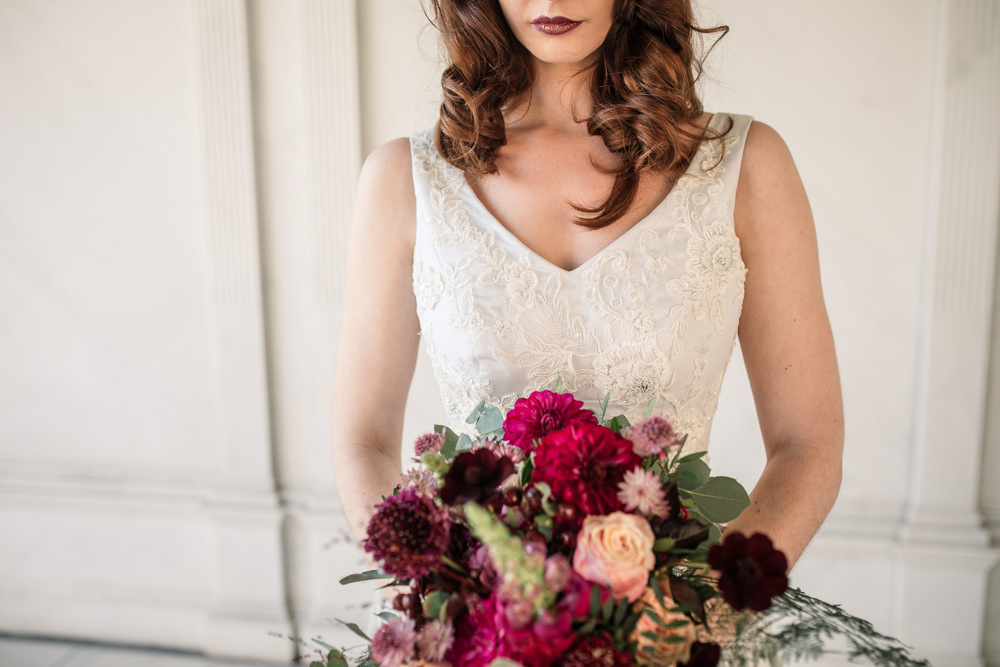 Bouquet Flowers Bride Bridal Red Pink Burgundy Green Greenery Foliage Berry Rose Ribbon Winter Luxe Wedding Ideas Becky Harley Photography