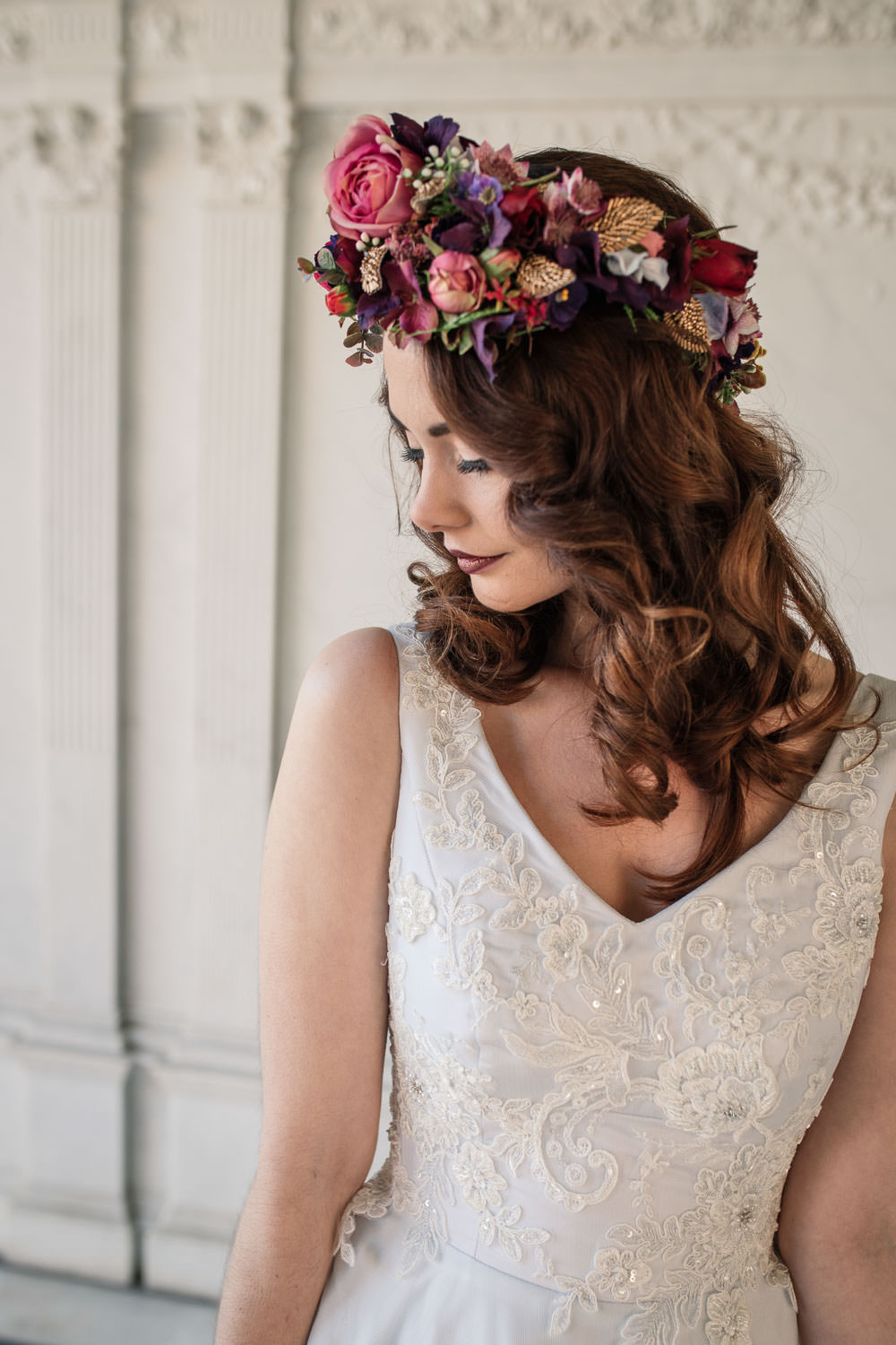 Bride Bridal Hair Waves Flower Crown Red Pink Winter Luxe Wedding Ideas Becky Harley Photography
