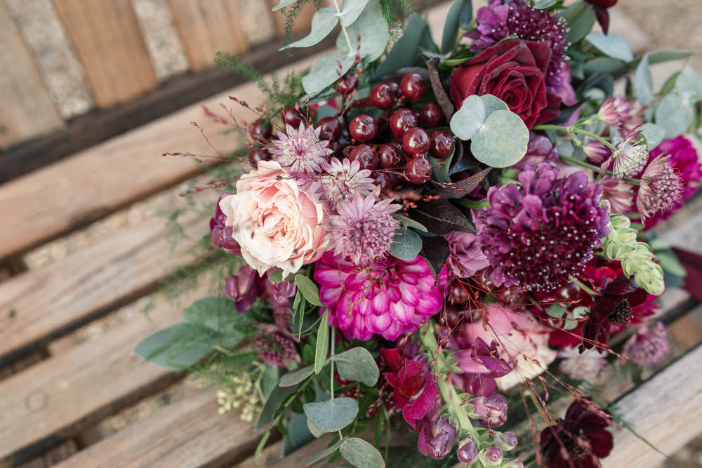 Bouquet Flowers Bride Bridal Red Pink Burgundy Green Greenery Foliage Berry Rose Ribbon Winter Luxe Wedding Ideas Becky Harley Photography